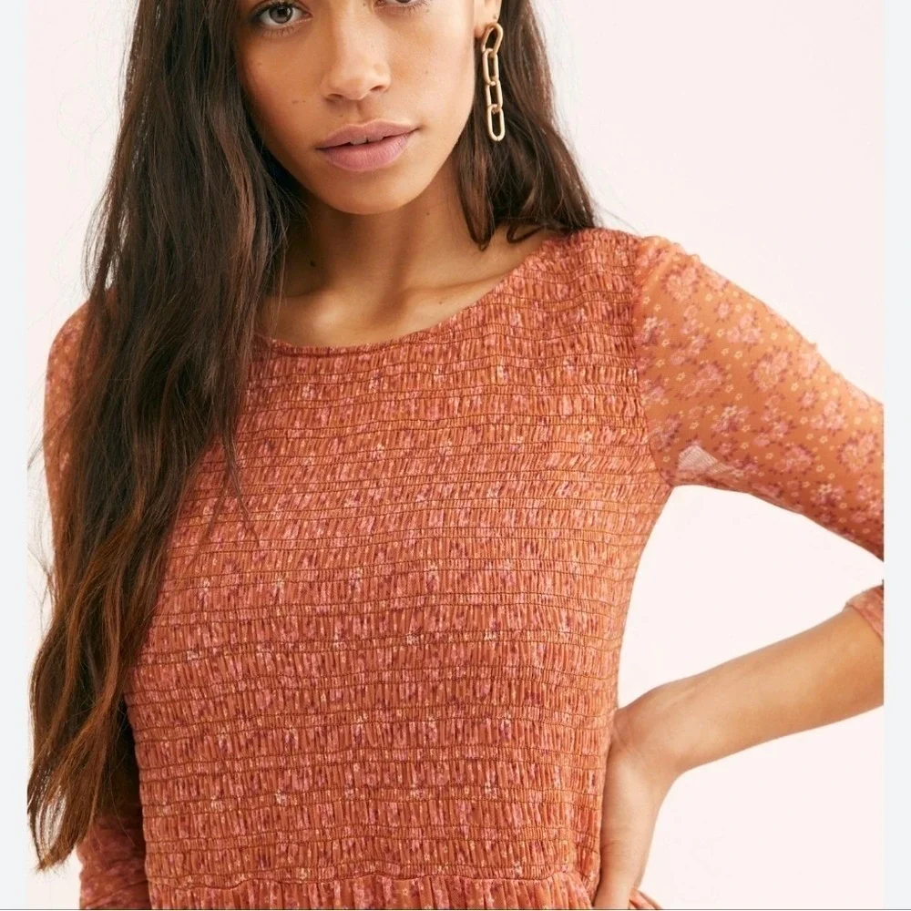 Free People Hello and Goodbye Orange Floral Mesh Smocked Midi Dress SZ Small